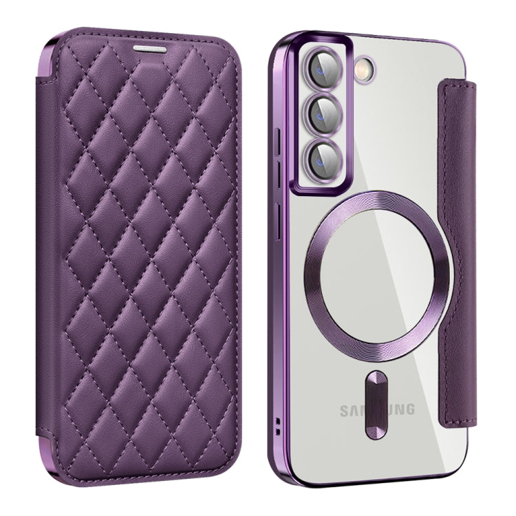 For Samsung Galaxy S22 5G Shield Magsafe RFID Anti-theft Rhombus Leather Phone Case(Purple) - Galaxy S22 5G Cases by PMC TechLife | Online Shopping South Africa | PMC TechLife