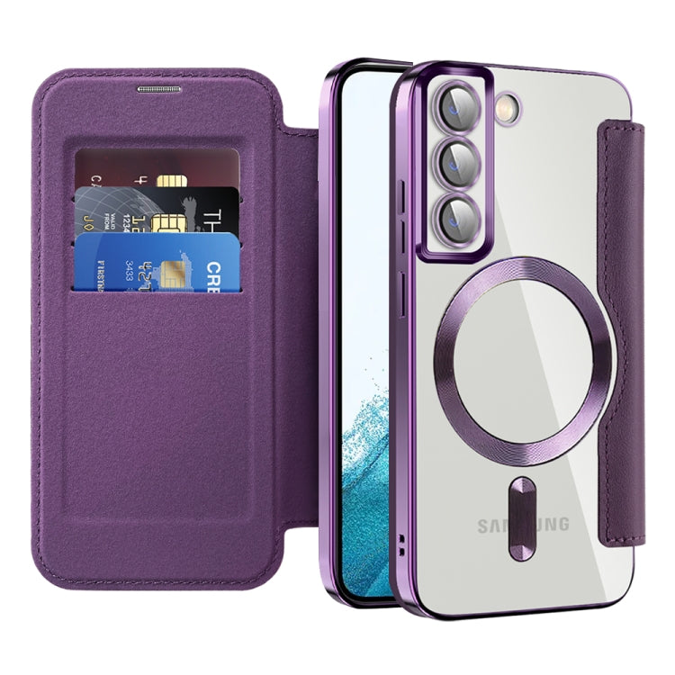For Samsung Galaxy S22 5G Shield Magsafe RFID Anti-theft Rhombus Leather Phone Case(Purple) - Galaxy S22 5G Cases by PMC TechLife | Online Shopping South Africa | PMC TechLife