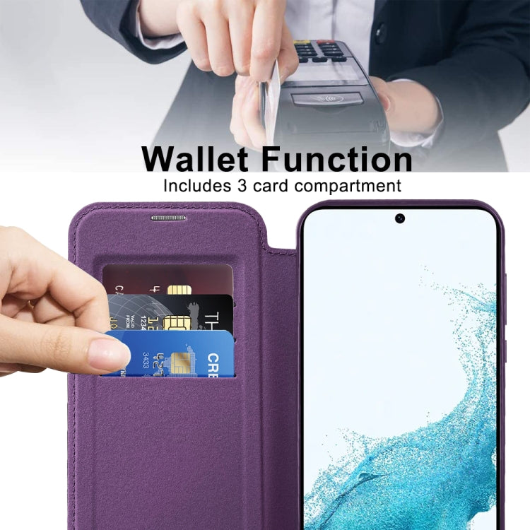 For Samsung Galaxy S22 5G Shield Magsafe RFID Anti-theft Rhombus Leather Phone Case(Purple) - Galaxy S22 5G Cases by PMC TechLife | Online Shopping South Africa | PMC TechLife