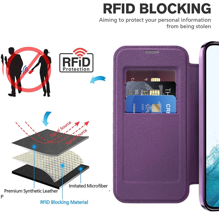 For Samsung Galaxy S22 5G Shield Magsafe RFID Anti-theft Rhombus Leather Phone Case(Purple) - Galaxy S22 5G Cases by PMC TechLife | Online Shopping South Africa | PMC TechLife