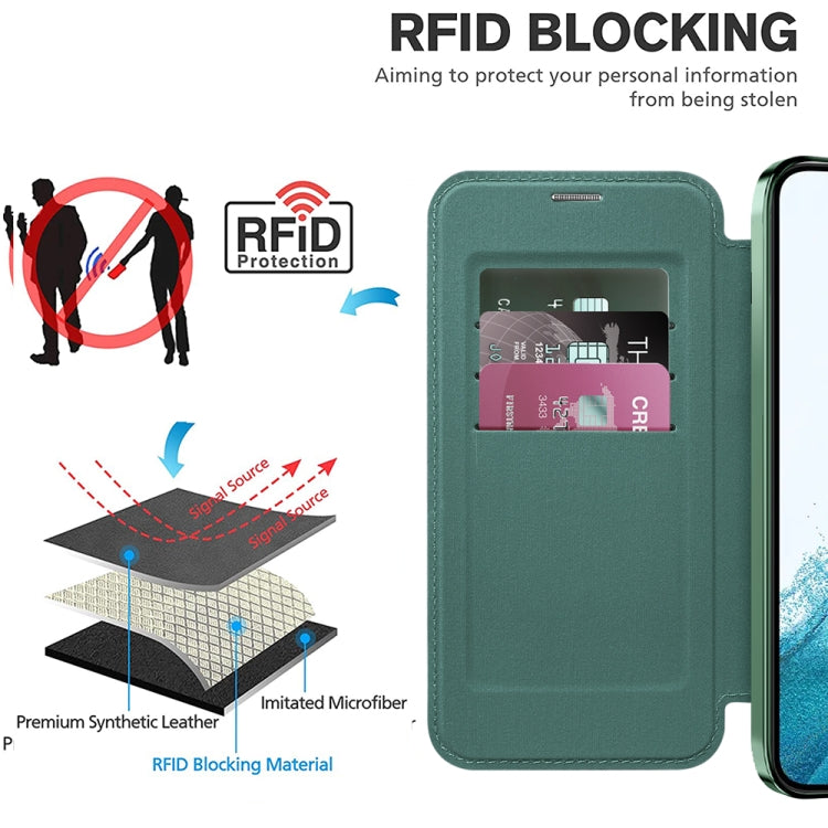 For Samsung Galaxy S22 5G Shield MagSafe RFID Anti-theft Rhombus Leather Phone Case(Green) - Galaxy S22 5G Cases by PMC TechLife | Online Shopping South Africa | PMC TechLife | Buy Now Pay Later Mobicred