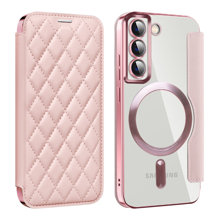 For Samsung Galaxy S22 5G Shield Magsafe RFID Anti-theft Rhombus Leather Phone Case(Pink) - Galaxy S22 5G Cases by PMC TechLife | Online Shopping South Africa | PMC TechLife
