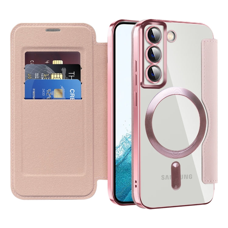 For Samsung Galaxy S22 5G Shield Magsafe RFID Anti-theft Rhombus Leather Phone Case(Pink) - Galaxy S22 5G Cases by PMC TechLife | Online Shopping South Africa | PMC TechLife