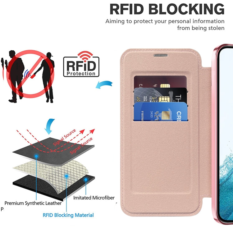 For Samsung Galaxy S22 5G Shield Magsafe RFID Anti-theft Rhombus Leather Phone Case(Pink) - Galaxy S22 5G Cases by PMC TechLife | Online Shopping South Africa | PMC TechLife