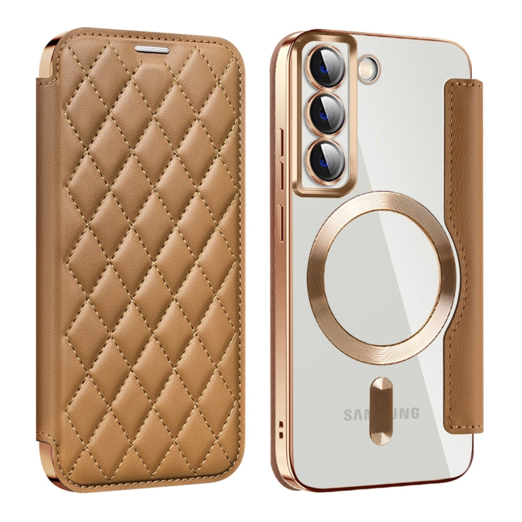 For Samsung Galaxy S22 5G Shield Magsafe RFID Anti-theft Rhombus Leather Phone Case(Brown) - Galaxy S22 5G Cases by PMC TechLife | Online Shopping South Africa | PMC TechLife