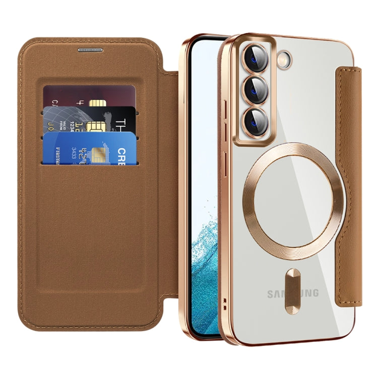 For Samsung Galaxy S22 5G Shield Magsafe RFID Anti-theft Rhombus Leather Phone Case(Brown) - Galaxy S22 5G Cases by PMC TechLife | Online Shopping South Africa | PMC TechLife