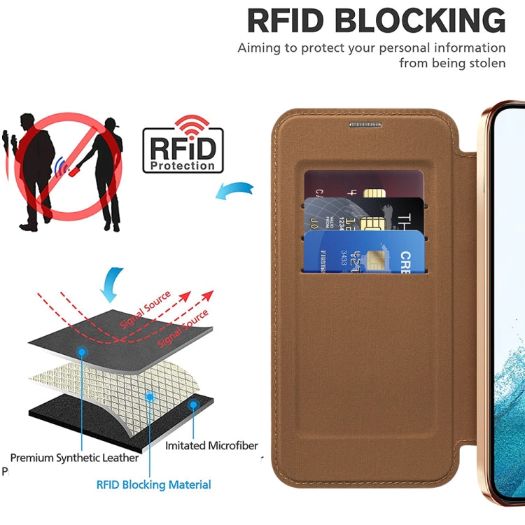 For Samsung Galaxy S22 5G Shield Magsafe RFID Anti-theft Rhombus Leather Phone Case(Brown) - Galaxy S22 5G Cases by PMC TechLife | Online Shopping South Africa | PMC TechLife