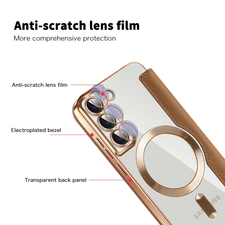 For Samsung Galaxy S22 5G Shield Magsafe RFID Anti-theft Rhombus Leather Phone Case(Brown) - Galaxy S22 5G Cases by PMC TechLife | Online Shopping South Africa | PMC TechLife