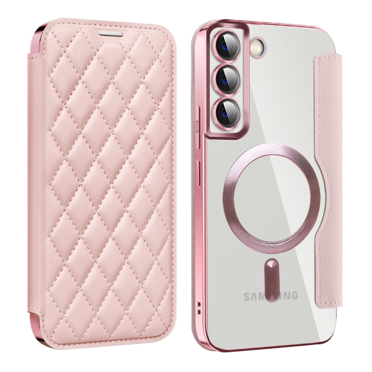 For Samsung Galaxy S22+ 5G Shield MagSafe RFID Anti-theft Rhombus Leather Phone Case(Pink) - Galaxy S22+ 5G Cases by PMC TechLife | Online Shopping South Africa | PMC TechLife | Buy Now Pay Later Mobicred