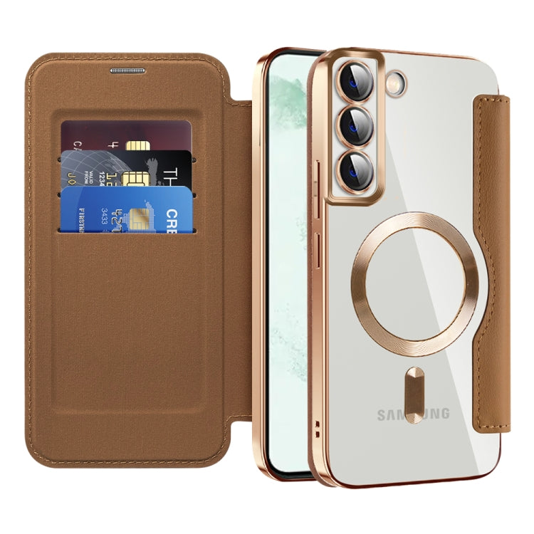 For Samsung Galaxy S22+ 5G Shield MagSafe RFID Anti-theft Rhombus Leather Phone Case(Brown) - Galaxy S22+ 5G Cases by PMC TechLife | Online Shopping South Africa | PMC TechLife | Buy Now Pay Later Mobicred