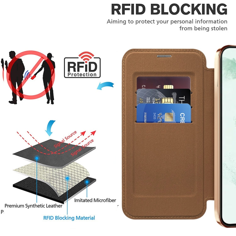 For Samsung Galaxy S22+ 5G Shield MagSafe RFID Anti-theft Rhombus Leather Phone Case(Brown) - Galaxy S22+ 5G Cases by PMC TechLife | Online Shopping South Africa | PMC TechLife | Buy Now Pay Later Mobicred