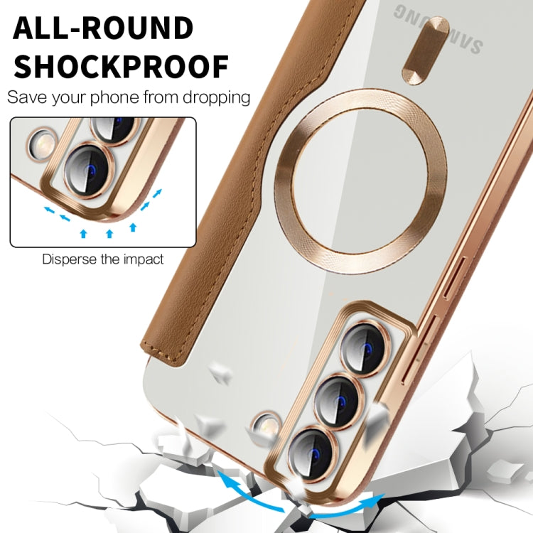 For Samsung Galaxy S22+ 5G Shield MagSafe RFID Anti-theft Rhombus Leather Phone Case(Brown) - Galaxy S22+ 5G Cases by PMC TechLife | Online Shopping South Africa | PMC TechLife | Buy Now Pay Later Mobicred