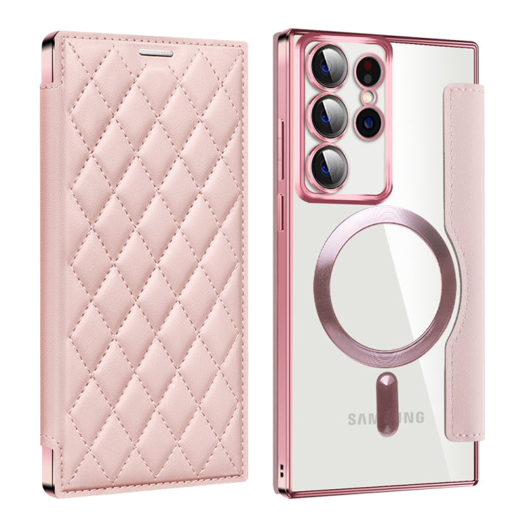 For Samsung Galaxy S22 Ultra 5G Shield Magsafe RFID Anti-theft Rhombus Leather Phone Case(Pink) - Galaxy S22 Ultra 5G Cases by PMC TechLife | Online Shopping South Africa | PMC TechLife