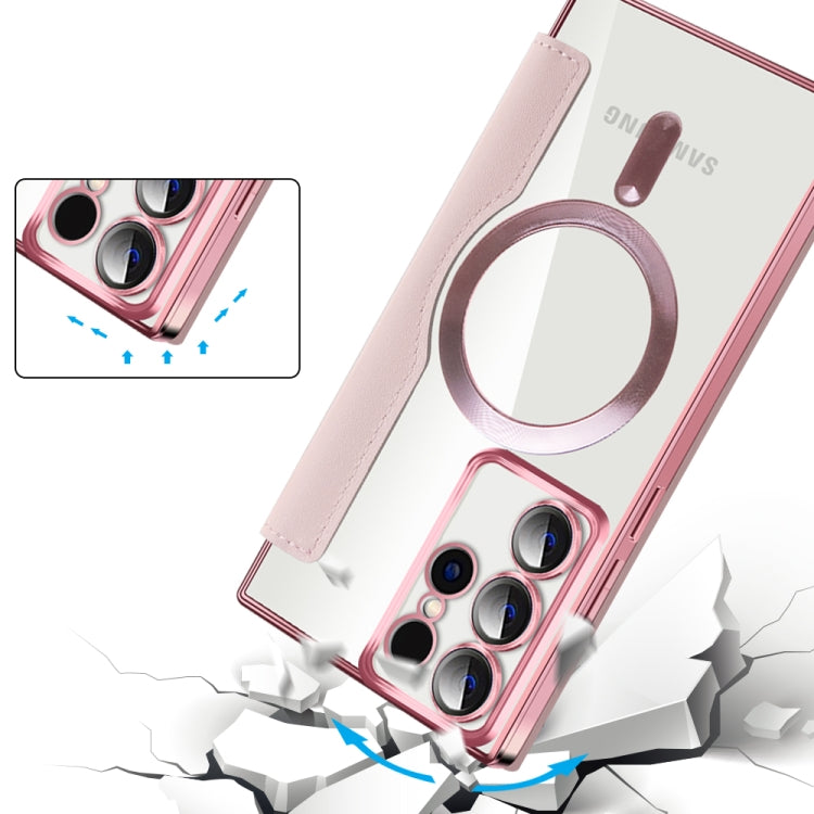 For Samsung Galaxy S22 Ultra 5G Shield Magsafe RFID Anti-theft Rhombus Leather Phone Case(Pink) - Galaxy S22 Ultra 5G Cases by PMC TechLife | Online Shopping South Africa | PMC TechLife