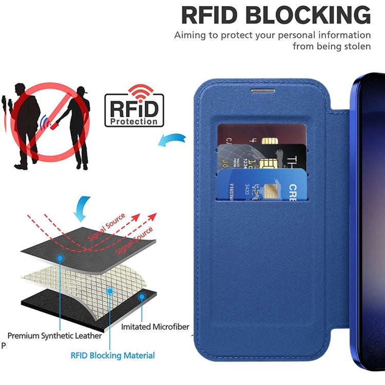 For Samsung Galaxy S24 5G Shield Magsafe RFID Anti-theft Rhombus Leather Phone Case(Dark Blue) - Galaxy S24 5G Cases by PMC TechLife | Online Shopping South Africa | PMC TechLife