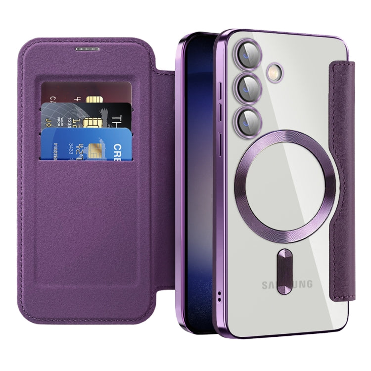 For Samsung Galaxy S24 5G Shield Magsafe RFID Anti-theft Rhombus Leather Phone Case(Purple) - Galaxy S24 5G Cases by PMC TechLife | Online Shopping South Africa | PMC TechLife