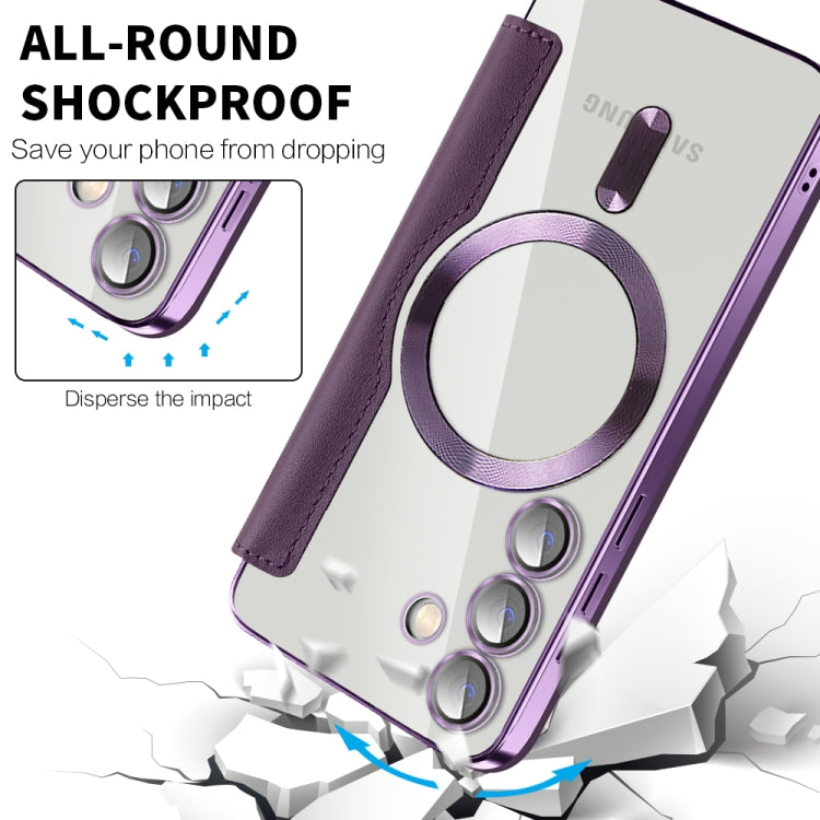 For Samsung Galaxy S24 5G Shield Magsafe RFID Anti-theft Rhombus Leather Phone Case(Purple) - Galaxy S24 5G Cases by PMC TechLife | Online Shopping South Africa | PMC TechLife