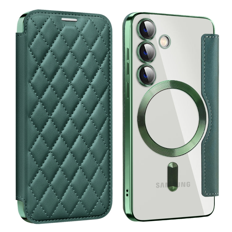 For Samsung Galaxy S24 5G Shield Magsafe RFID Anti-theft Rhombus Leather Phone Case(Green) - Galaxy S24 5G Cases by PMC TechLife | Online Shopping South Africa | PMC TechLife