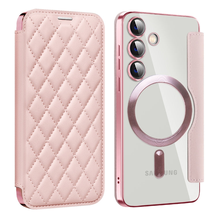 For Samsung Galaxy S24 5G Shield Magsafe RFID Anti-theft Rhombus Leather Phone Case(Pink) - Galaxy S24 5G Cases by PMC TechLife | Online Shopping South Africa | PMC TechLife