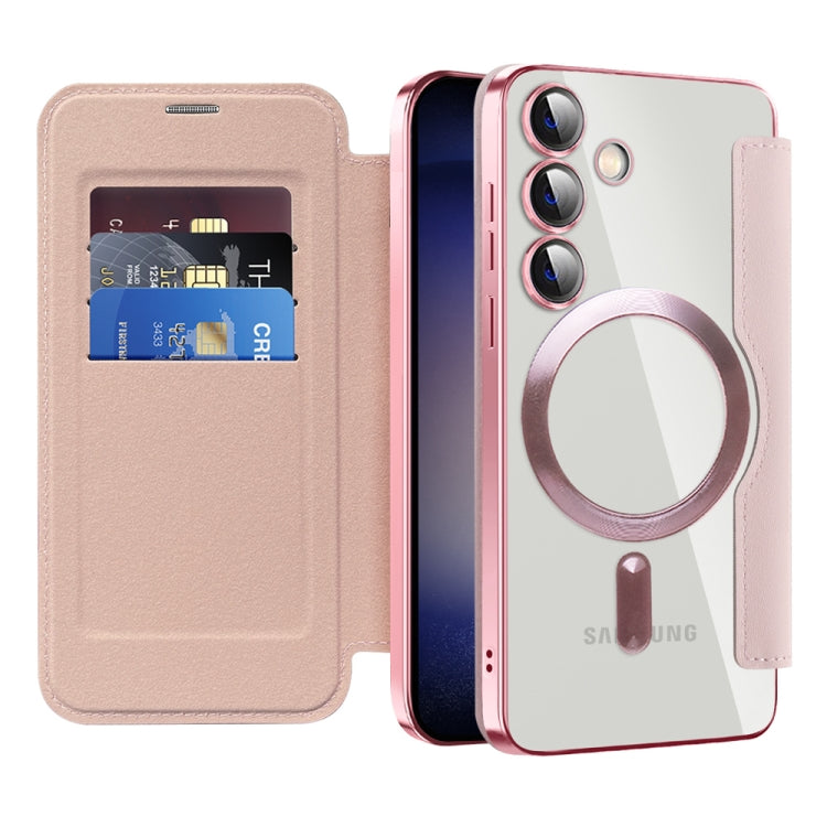 For Samsung Galaxy S24 5G Shield Magsafe RFID Anti-theft Rhombus Leather Phone Case(Pink) - Galaxy S24 5G Cases by PMC TechLife | Online Shopping South Africa | PMC TechLife
