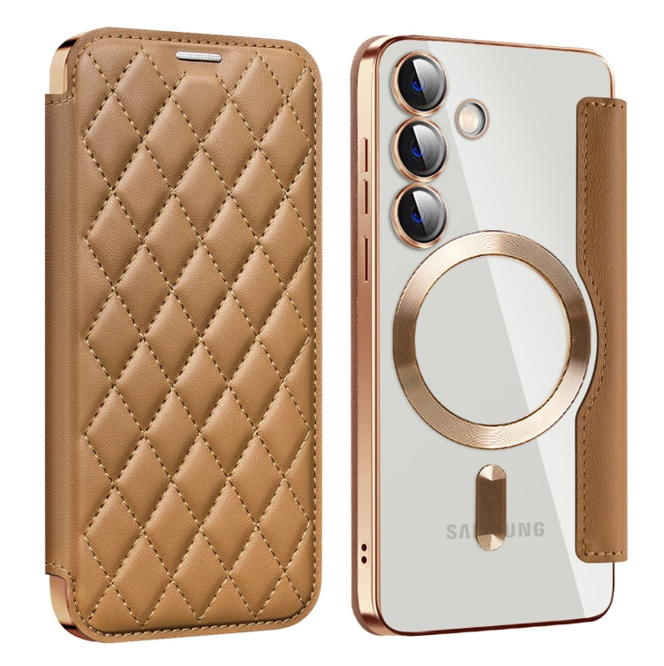 For Samsung Galaxy S24 5G Shield Magsafe RFID Anti-theft Rhombus Leather Phone Case(Brown) - Galaxy S24 5G Cases by PMC TechLife | Online Shopping South Africa | PMC TechLife