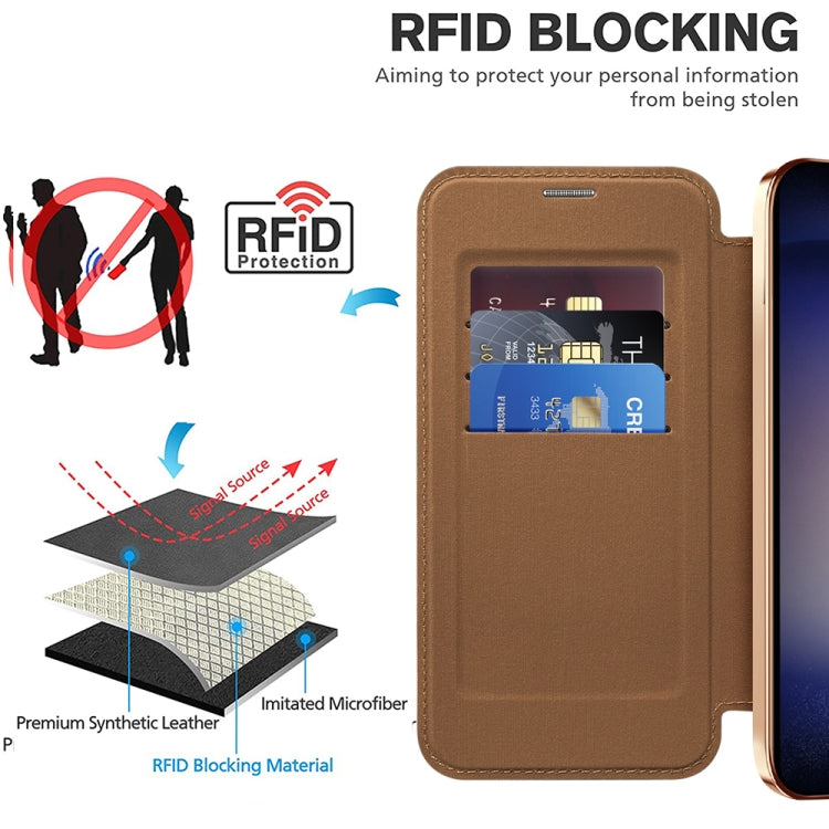 For Samsung Galaxy S24 5G Shield Magsafe RFID Anti-theft Rhombus Leather Phone Case(Brown) - Galaxy S24 5G Cases by PMC TechLife | Online Shopping South Africa | PMC TechLife