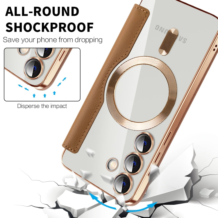 For Samsung Galaxy S24 5G Shield Magsafe RFID Anti-theft Rhombus Leather Phone Case(Brown) - Galaxy S24 5G Cases by PMC TechLife | Online Shopping South Africa | PMC TechLife