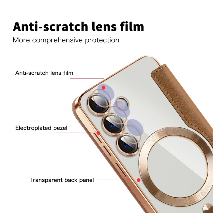 For Samsung Galaxy S24 5G Shield Magsafe RFID Anti-theft Rhombus Leather Phone Case(Brown) - Galaxy S24 5G Cases by PMC TechLife | Online Shopping South Africa | PMC TechLife