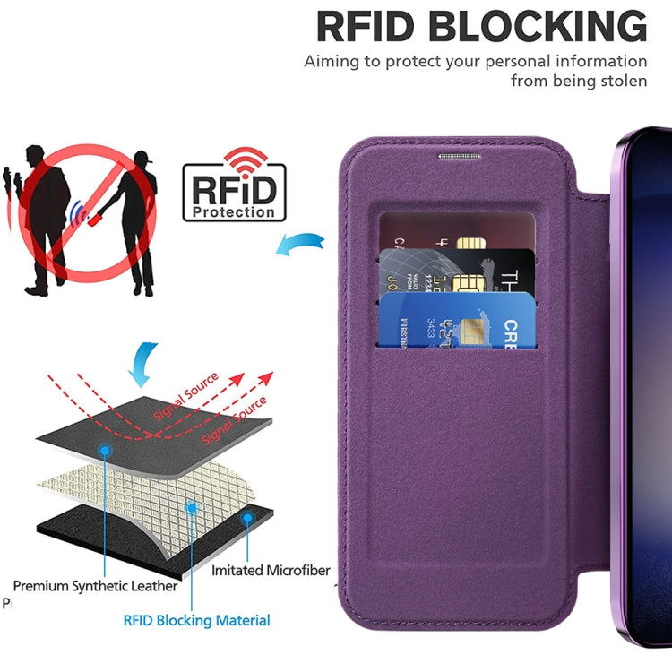 For Samsung Galaxy S24+ 5G Shield MagSafe RFID Anti-theft Rhombus Leather Phone Case(Purple) - free shipping - PMC TechLife - Order now!