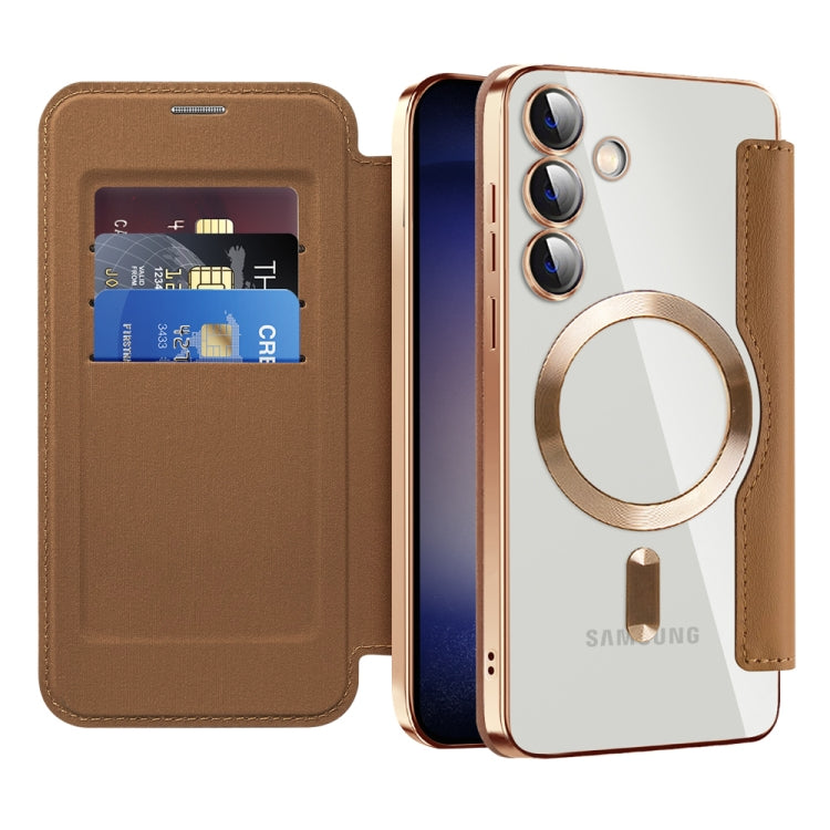 For Samsung Galaxy S24+ 5G Shield Magsafe RFID Anti-theft Rhombus Leather Phone Case(Brown) - Galaxy S24+ 5G Cases by PMC TechLife | Online Shopping South Africa | PMC TechLife