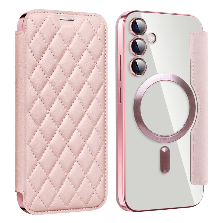 For Samsung Galaxy S23 FE 5G Shield Magsafe RFID Anti-theft Rhombus Leather Phone Case(Pink) - Galaxy S23 FE 5G Cases by PMC TechLife | Online Shopping South Africa | PMC TechLife