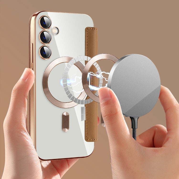 For Samsung Galaxy S23 FE 5G Shield Magsafe RFID Anti-theft Rhombus Leather Phone Case(Brown) - Galaxy S23 FE 5G Cases by PMC TechLife | Online Shopping South Africa | PMC TechLife