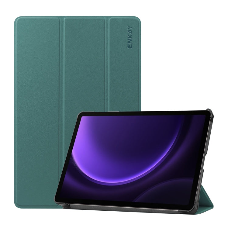 For Samsung Galaxy Tab S9 FE ENKAY Tri-fold Custer Texture Leather Smart Tablet Case(Dark Green) - free shipping - PMC TechLife - Order now!