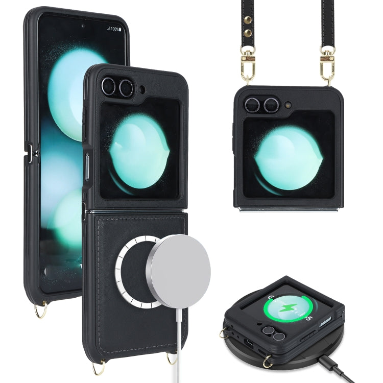 For Samsung Galaxy Z Flip5 5G Crossbody R20 Texture Leather Magsafe Phone Case(Black) - free shipping - PMC TechLife - Order now!