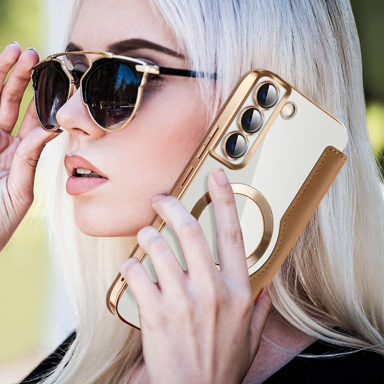 For Samsung Galaxy S22+ 5G Shield MagSafe RFID Anti-theft Leather Phone Case(Brown) - Galaxy S22+ 5G Cases by PMC TechLife | Online Shopping South Africa | PMC TechLife | Buy Now Pay Later Mobicred