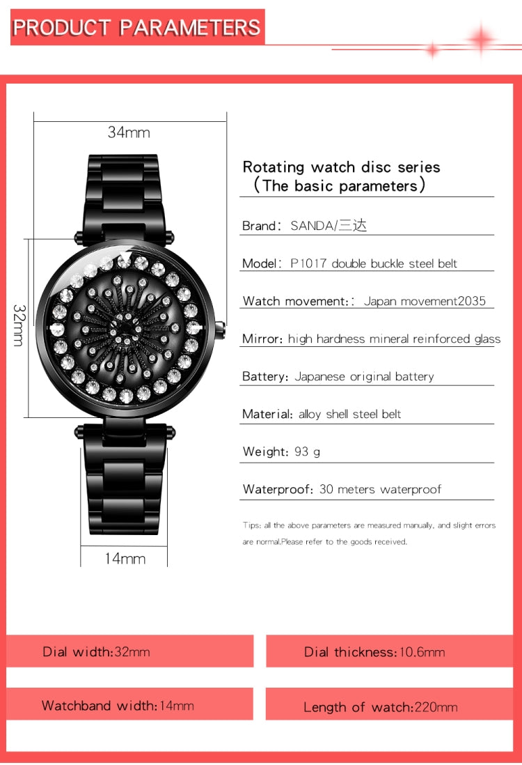 SANDA 1017 Lady Watch All Over The Sky Star 360 Degree Rotating Watch Diamond Steel Band Women Watch(Black) - Alloy Watches by SANDA | Online Shopping South Africa | PMC TechLife | Buy Now Pay Later Mobicred