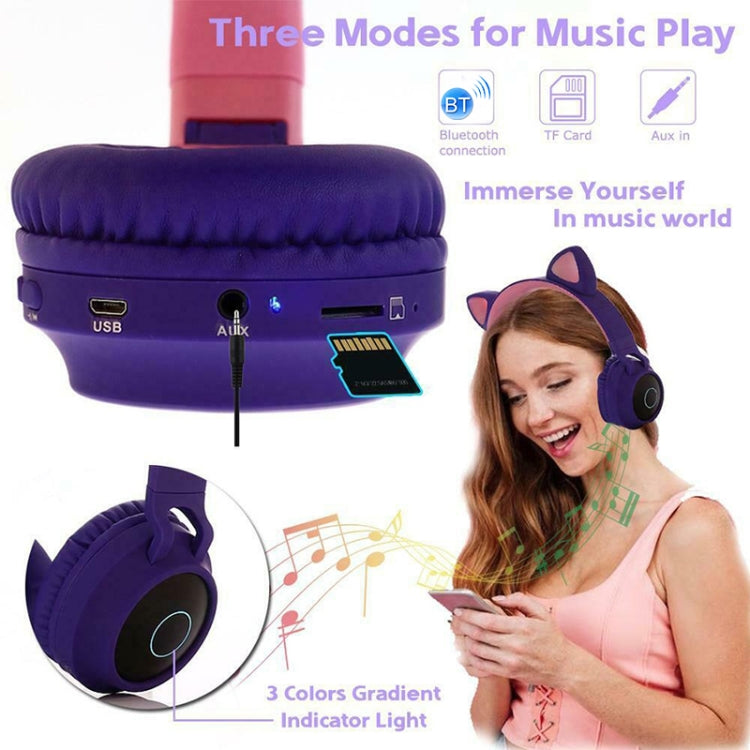 BT028C Cute Cat Ear Bluetooth 5.0 Headphones Foldable On-Ear Stereo Wireless Headset Headphone with Mic / LED Light / FM Radio / TF Card(Blue) - Headset & Headphone by PMC TechLife | Online Shopping South Africa | PMC TechLife