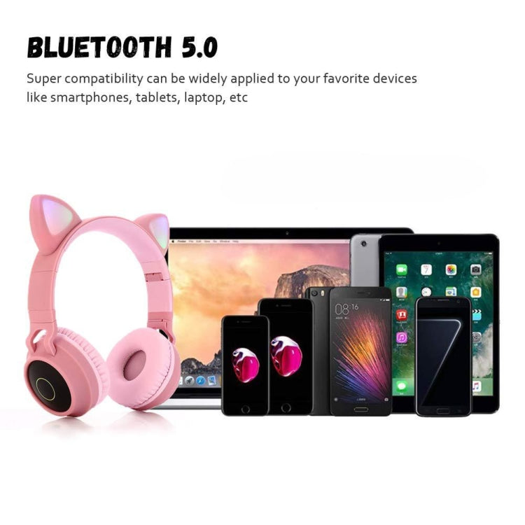 BT028C Cute Cat Ear Bluetooth 5.0 Headphones Foldable On-Ear Stereo Wireless Headset Headphone with Mic / LED Light / FM Radio / TF Card(Pink) - Headset & Headphone by PMC TechLife | Online Shopping South Africa | PMC TechLife