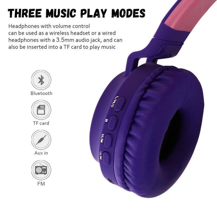 BT028C Cute Cat Ear Bluetooth 5.0 Headphones Foldable On-Ear Stereo Wireless Headset Headphone with Mic / LED Light / FM Radio / TF Card(Purple) - Headset & Headphone by PMC TechLife | Online Shopping South Africa | PMC TechLife