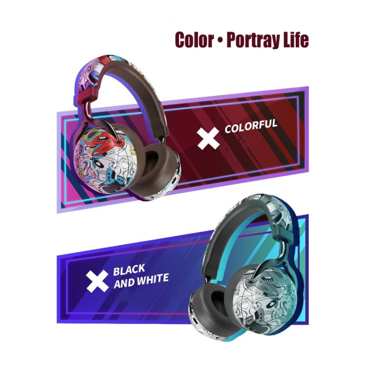 VJ086 Graffiti Headset Wireless Sports Bluetooth Headset Water Transfer Color Print Headset, Support TF, FM(Black+White) - Headset & Headphone by PMC TechLife | Online Shopping South Africa | PMC TechLife