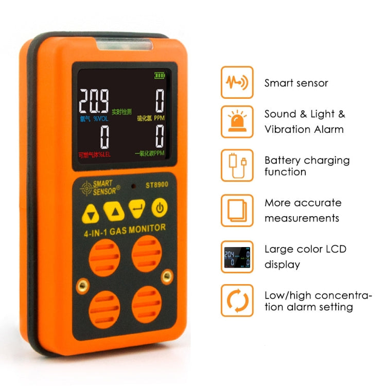 ST8900 4 in 1 Toxic Gas CO Carbon Monoxide Detector Hydrogen Sulfide H2S Oxygen Combustible Gas Test LCD Display Monitor, Sound Light Vibration Alarm, CN Plug - free shipping - PMC TechLife - Order now!