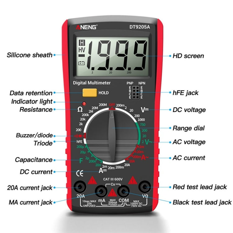 ANENG Automatic High-Precision Intelligent Digital Multimeter, Model:DT9205A HOLD Key(Red) - free shipping - PMC TechLife - Order now!
