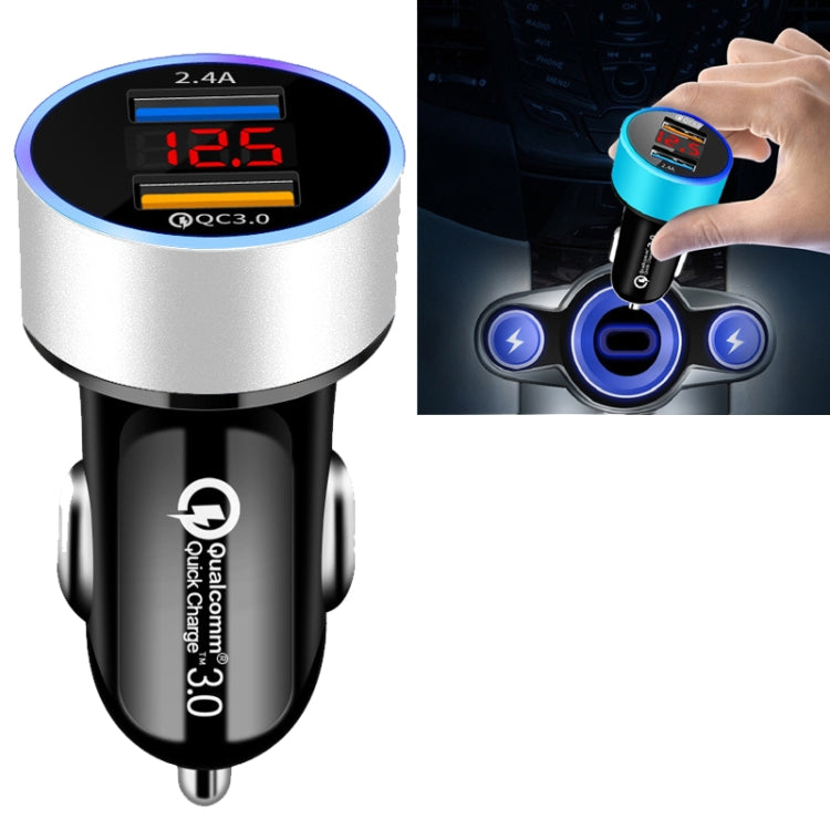 2 PCS Aluminum Ring Display Car Charger  QC3.0+2.4A Aluminum Alloy Multi-function Halo Digital Display Car Charger(Snow Silver) - Car Charger by PMC TechLife | Online Shopping South Africa | PMC TechLife