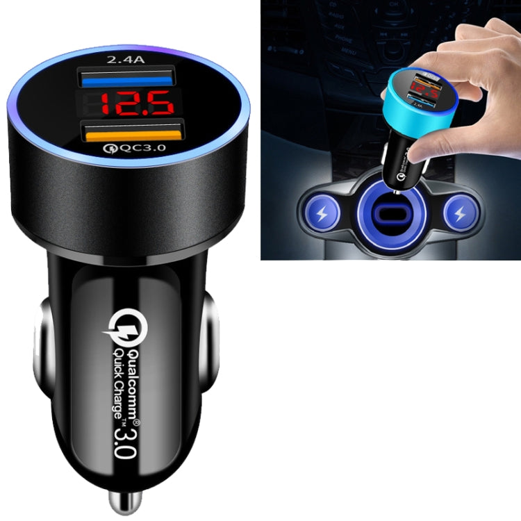 2 PCS Aluminum Ring Display Car Charger  QC3.0+2.4A Aluminum Alloy Multi-function Halo Digital Display Car Charger(Elegant Black) - Car Charger by PMC TechLife | Online Shopping South Africa | PMC TechLife