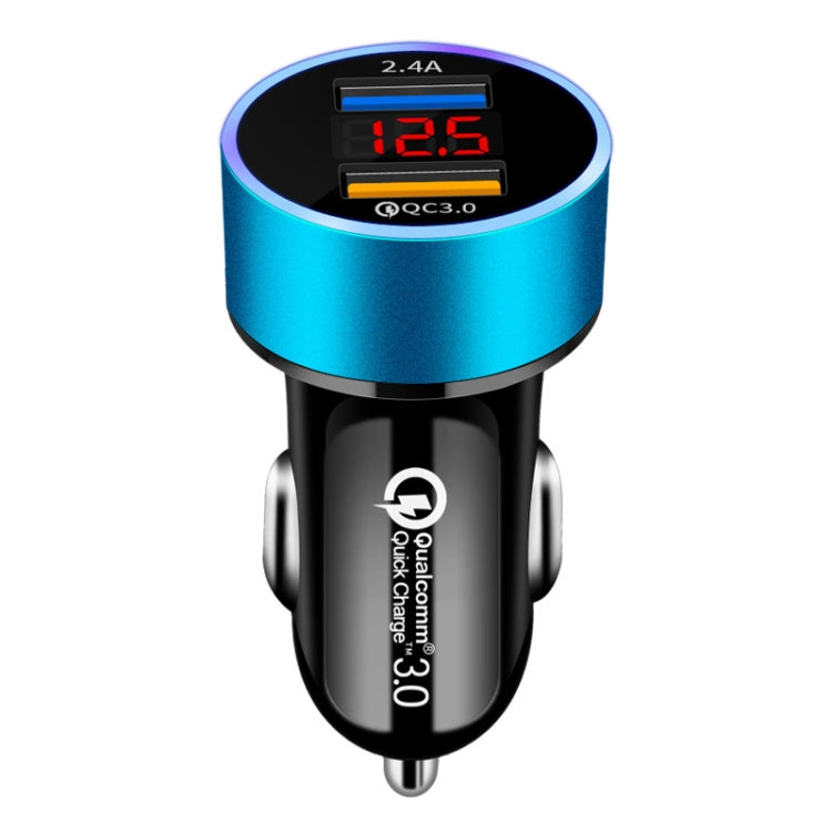 2 PCS Aluminum Ring Display Car Charger  QC3.0+2.4A Aluminum Alloy Multi-function Halo Digital Display Car Charger(Sapphire Blue) - Car Charger by PMC TechLife | Online Shopping South Africa | PMC TechLife