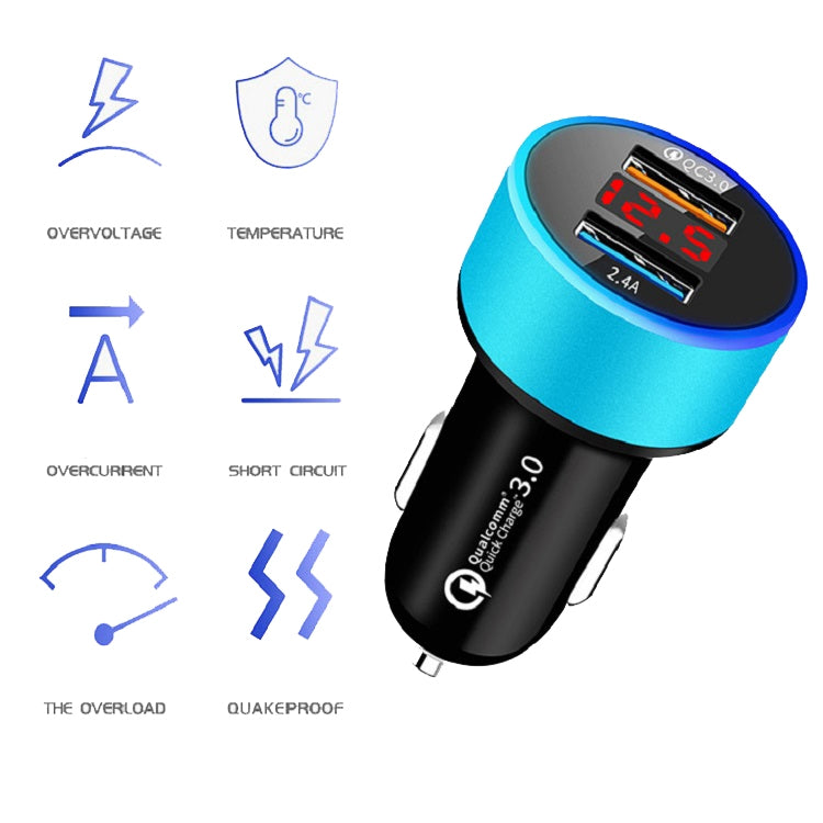 2 PCS Aluminum Ring Display Car Charger  QC3.0+2.4A Aluminum Alloy Multi-function Halo Digital Display Car Charger(Sapphire Blue) - Car Charger by PMC TechLife | Online Shopping South Africa | PMC TechLife