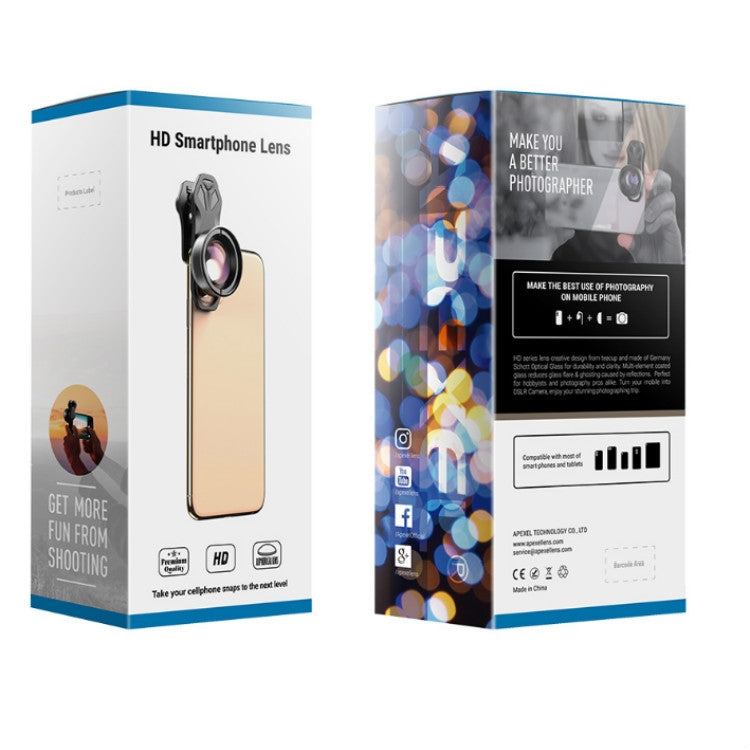 APEXEL APL-HD52IN1WM 2 in 1 Distortion-free HD 120-degree Wide-angle + 10X Macro Universal SLR External Mobile Phone Lens Set(Telephoto Clip) - free shipping - PMC TechLife - Order now!