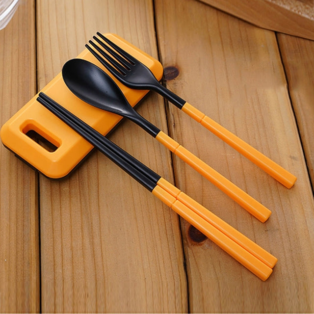 3 in 1 ABS Folding Dinnerware Cutlery Fork Chopsticks Set with Storage Box Outdoor Camping Hiking Traveling Tableware Set(Orange) - free shipping - PMC TechLife - Order now!