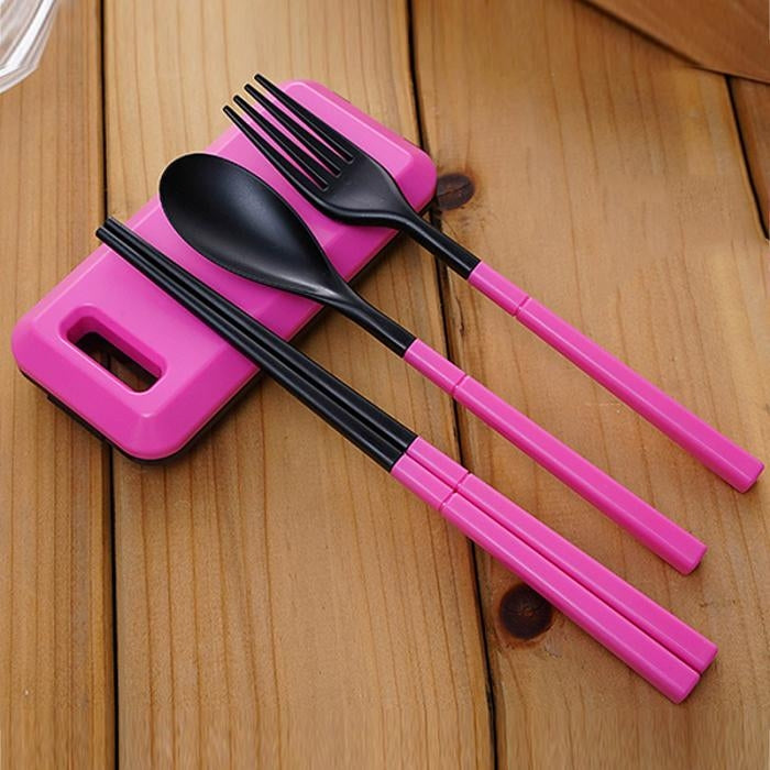 3 in 1 ABS Folding Dinnerware Cutlery Fork Chopsticks Set with Storage Box Outdoor Camping Hiking Traveling Tableware Set(Orange) - free shipping - PMC TechLife - Order now!