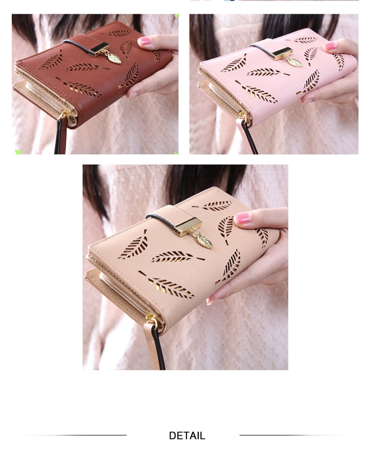 Long Gold Hollow Leaves Coin Purse Card Holders Wallet for Women(Brown) - Wallets by PMC TechLife | Online Shopping South Africa | PMC TechLife
